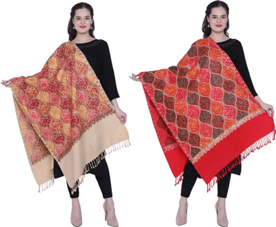 Kashmiri queen Pashmina Embroidered Women Shawl(Beige, Red)