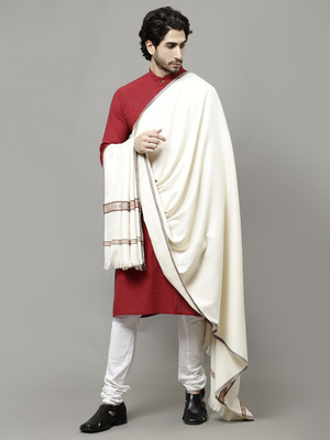 WEAVERS VILLA Poly Wool Geometric Print Men Shawl(White)
