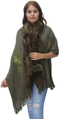 manra Wool Embellished Women Shawl(Green)