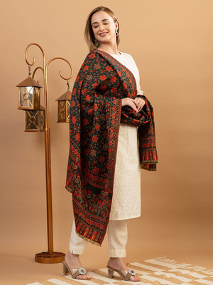 EVODAZE Wool Floral Print Women Shawl(Dark Green)