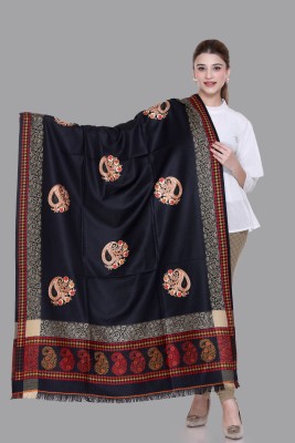 Tones-N-Shades Wool Embroidered Women Shawl(Black)