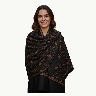 shahposh Poly Wool Floral Print Women Shawl(Black)
