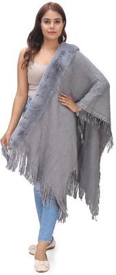 manra Wool Self Design Women Shawl(Grey)
