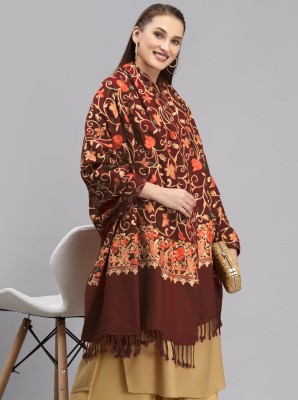 GK VILLA Wool Embroidered Women Shawl(Brown)