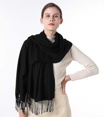 Frackson Acrylic, Wool Solid, Self Design Women Shawl(Black)