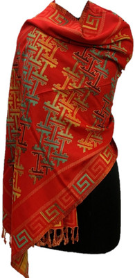 SILVER CRESCENT Polyester Wool Blend Graphic Print Women Shawl(Red)