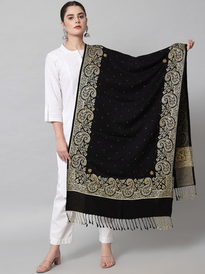 WILLEY Wool Embroidered Women Shawl(Black)