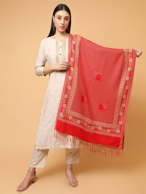 SCHp Wool Floral Print Women Shawl(Red, Gold, Multicolor)