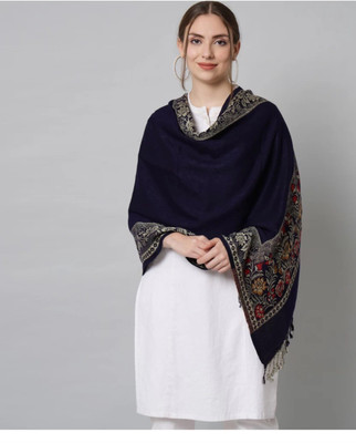 Braid N Cord Polyester Wool Blend Floral Print Women Shawl(Dark Blue)