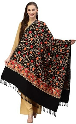 Kashmiri Thead Wool Embroidered Women Shawl(Black)