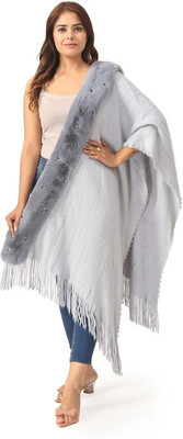 manra Wool Self Design Women Shawl(Grey)