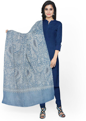 KHEVANHAAR Poly Wool, Wool Embroidered Women Shawl(Blue)