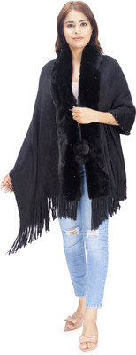 manra Wool Self Design Women Shawl(Black)
