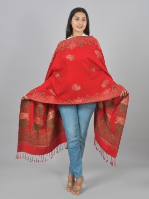 BAISA Wool, Cotton Floral Print Women Shawl(Red)