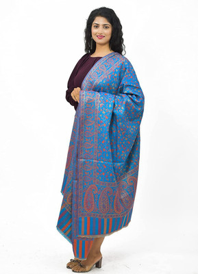 CHOUDHARYRETAILS Polyester Wool Blend Floral Print Women Shawl(Blue)