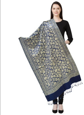 Pink World Wool Woven Women Shawl(Dark Blue)
