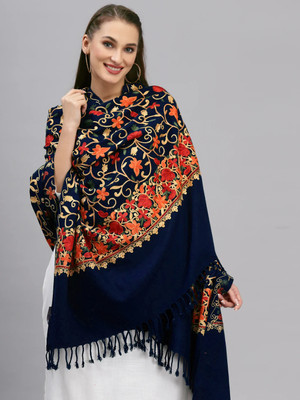 GK VILLA Wool Embroidered Women Shawl(Dark Blue)