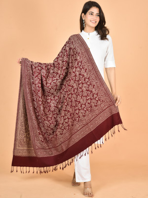 BAISA Viscose, Wool Floral Print, Woven Women Shawl(Maroon)