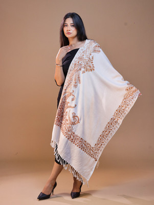 swi stylish Wool Embroidered Women Shawl(White)
