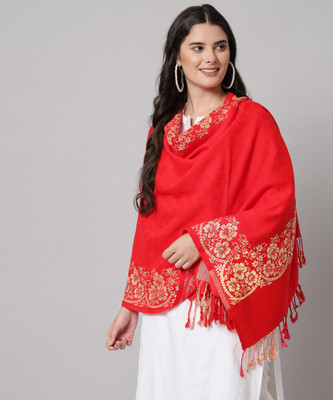 WILLEY Wool Embroidered Women Shawl(Red)