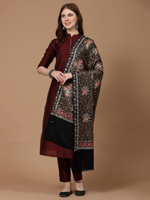 swi stylish Wool Embroidered Women Shawl(Black)