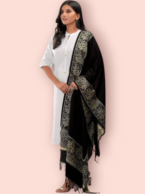 Kashmiri Thead Wool Embroidered Women Shawl(Black)