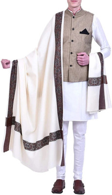 KASHMIRI TREND Wool Embroidered Men Shawl(White)