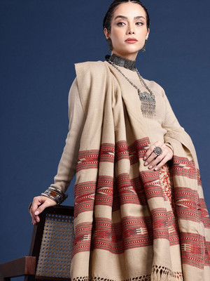 Taavi Wool Printed Women Shawl(Beige, Maroon)