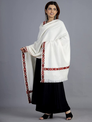 Braid N Cord Polyester Wool Blend Printed Women Shawl(White)