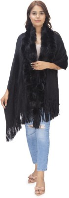 manra Wool Self Design Women Shawl(Black)