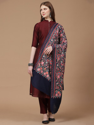 swi stylish Wool Embroidered Women Shawl(Blue)