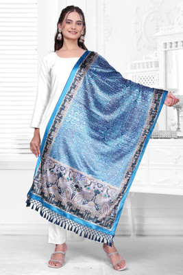 SILMAIRA Velvet Printed Women Shawl(Light Blue)