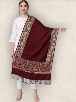 Kashmiri Thead Wool Embroidered Women Shawl(Maroon)