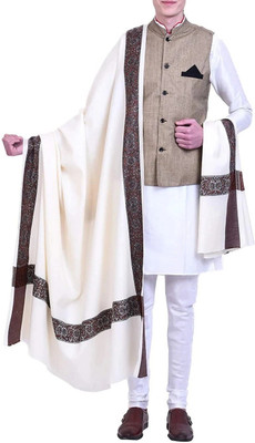 Royal-E-Kashmir Wool Self Design Women Shawl(White)