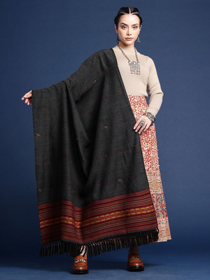 Taavi Wool Self Design Women Shawl(Black, Brown)