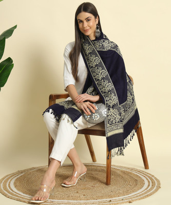 CHOUDHARYRETAILS Wool Woven Women Shawl(Dark Blue)