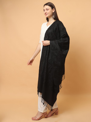 vesture Wool Embroidered Women Shawl(Black)