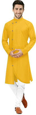 trueoath Men Solid Asymmetric Kurta(Yellow)