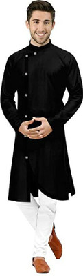 trueoath Men Solid Asymmetric Kurta(Black)