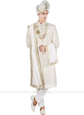 AZRA FASHION Ivory colored hand embroidered sherwani with straight pants for groom wedding Floral Print Sherwani