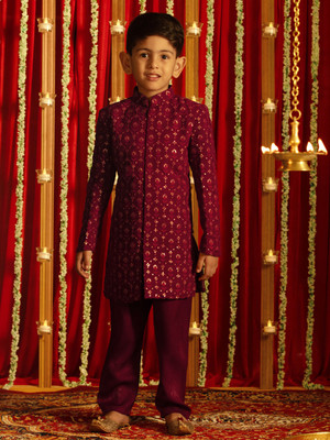 VASTRAMAY Boys Festive & Party Sherwani and Churidar Set(Maroon Pack of 1)