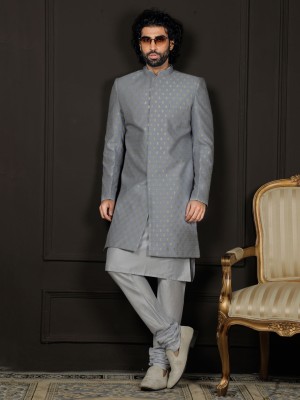 VASTRAMAY Silk Blend Jacquard Indo Western, Kurta And Pant style Pyjama for Men Self Design, Woven Sherwani