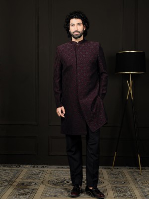 VASTRAMAY Silk Blend Jacquard Indo Western With Pant style Pyjama for Men Self Design Sherwani