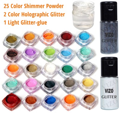 vizo Reflective Fine Glitter Eyeshadow White + 25 Color Shimmer Powder + Glue(Multicolor)