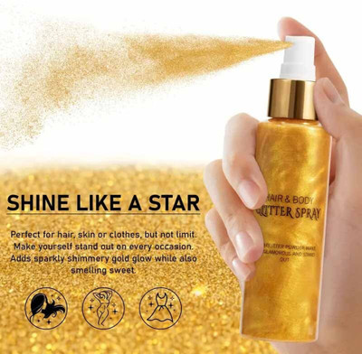 MYEONG Golden Make Up Glitter Highlighter Shimmer Spray for Face Body & Face Highlighter(Golden)