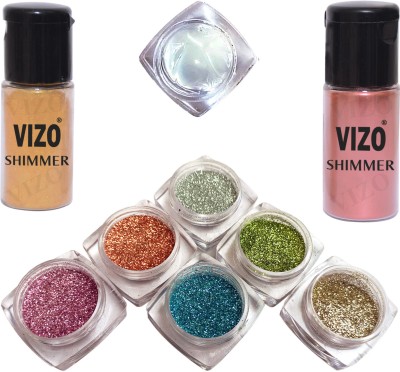 vizo Professional Shimmer/Highlighter Glow to Glamour Cosmetic Glitter Powder + Glue(Multicolor)