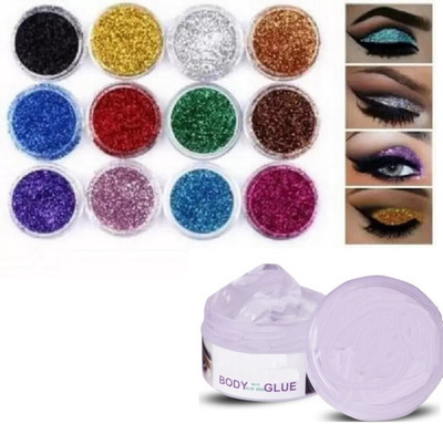Arcanuy Multi Colors Thick Shimmer Glitters - Pack Of 12 Pcs with Eye Glue/Gum(MULTICOLOR)