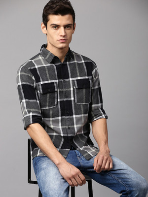 Dennis Lingo Men Checkered Casual Black, Grey, White Shirt