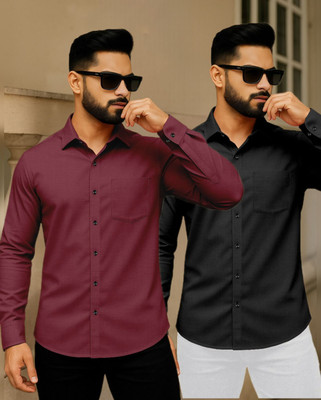 AITAVIKOVERSEAS Men Solid Casual Maroon, Black Shirt(Pack of 2)
