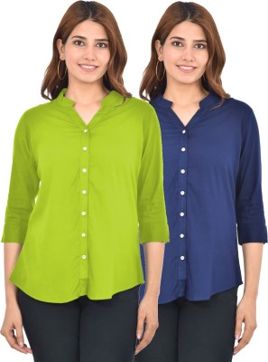 FABISHO Women Solid Casual Green, Blue Shirt(Pack of 2)